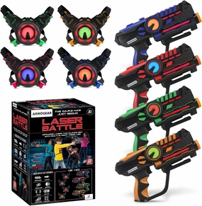 ArmoGear Set of 4 Laser Tag Guns with Vests - Laser Tag Set for Kids and Adults - Toy Guns with 150 ft Range, Night Vision, Invisibility Mode - Battery Operated - Multiplayer Outdoor Game for Ages 8 