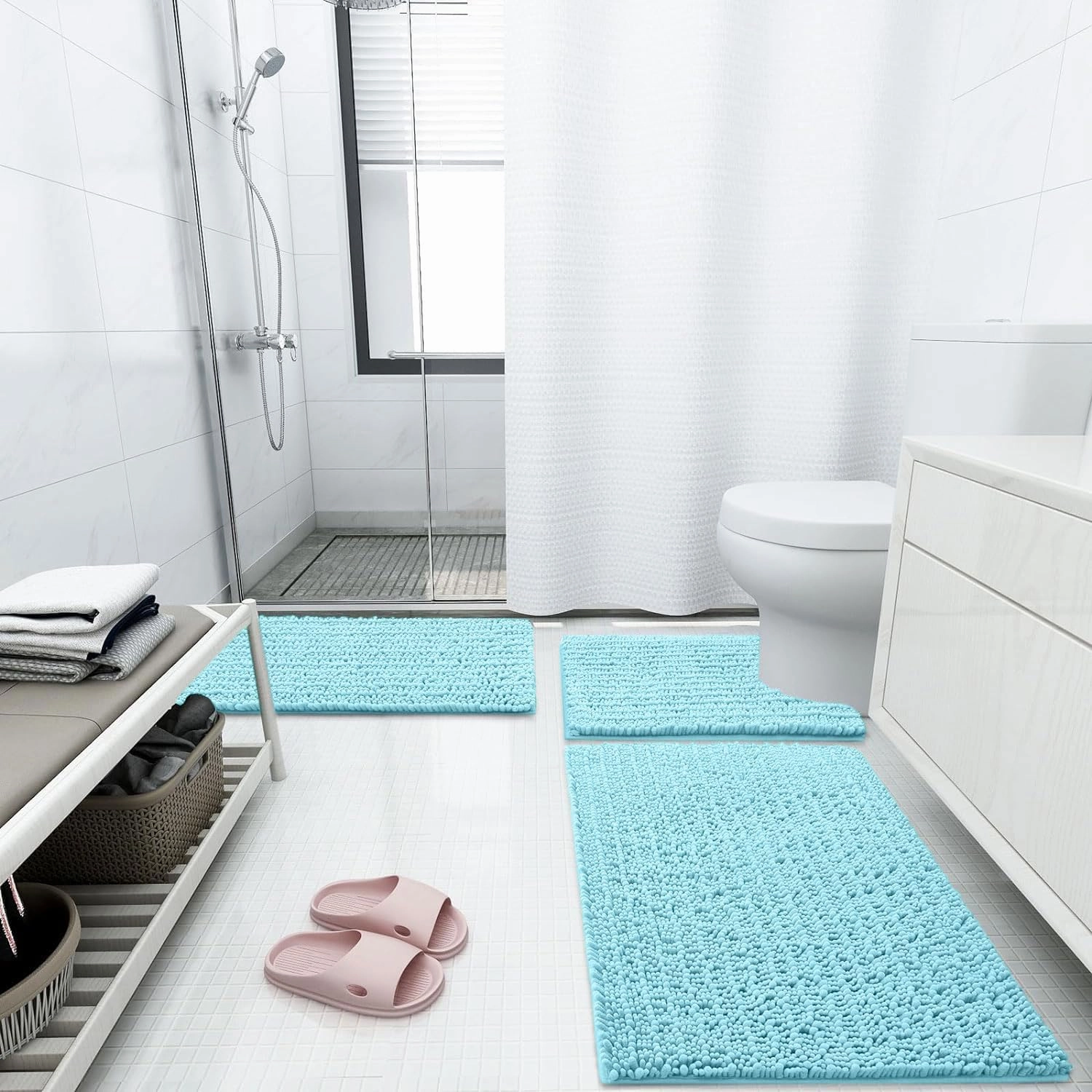 Arotive Luxury Chenille Bathroom Rug Mat, Extra Soft Thick Absorbent Shaggy Bath Rugs, Non-Slip Machine Wash Dry, Plush Bath Mats for Bathroom, Shower and Tub, 24x16, Blue