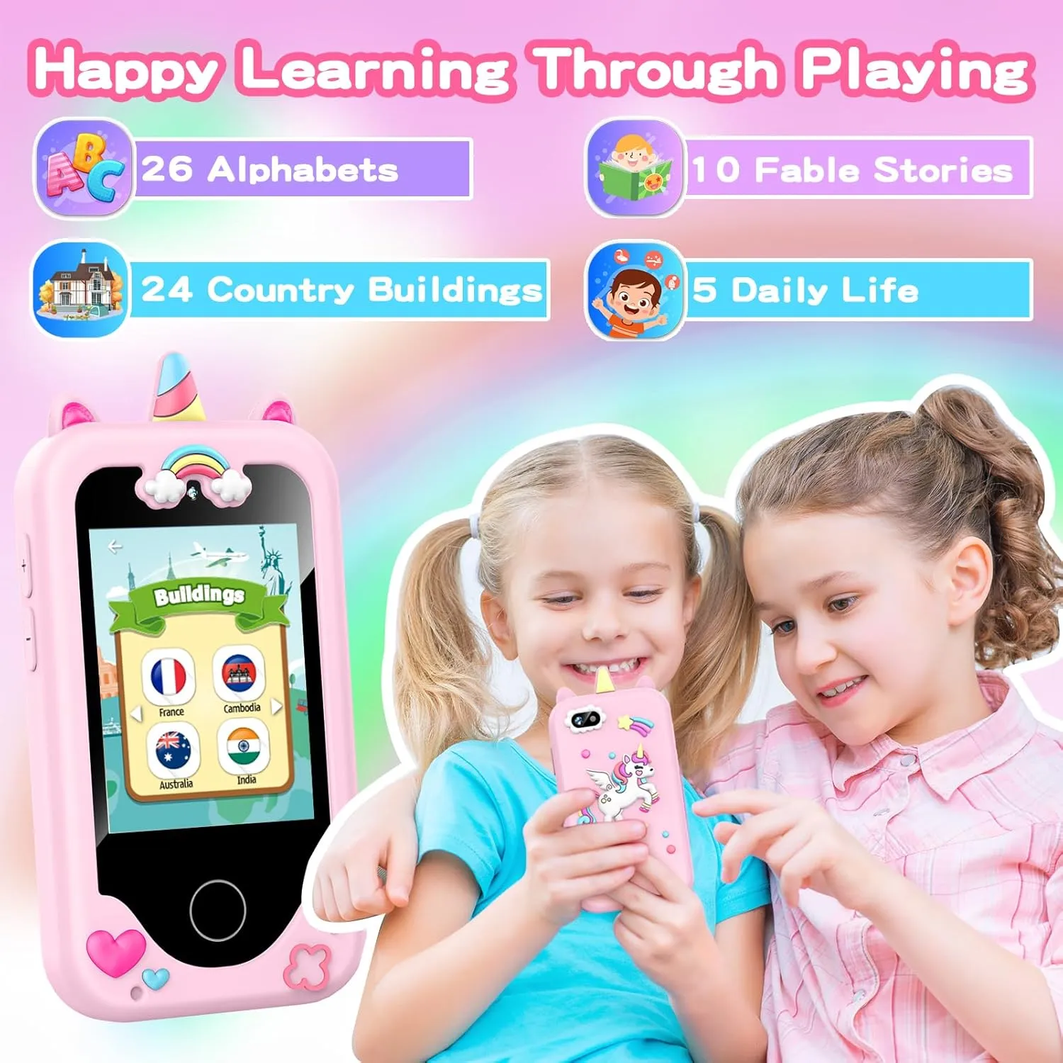 ASIUR Kids Smart Phone for Girls Toddler Birthday for Boys 3 4 5 6 7 8 Years Old Pretend Play Working Cell Smartphone Learning Toys with Educational Games, MP3 Music Player(Pink)