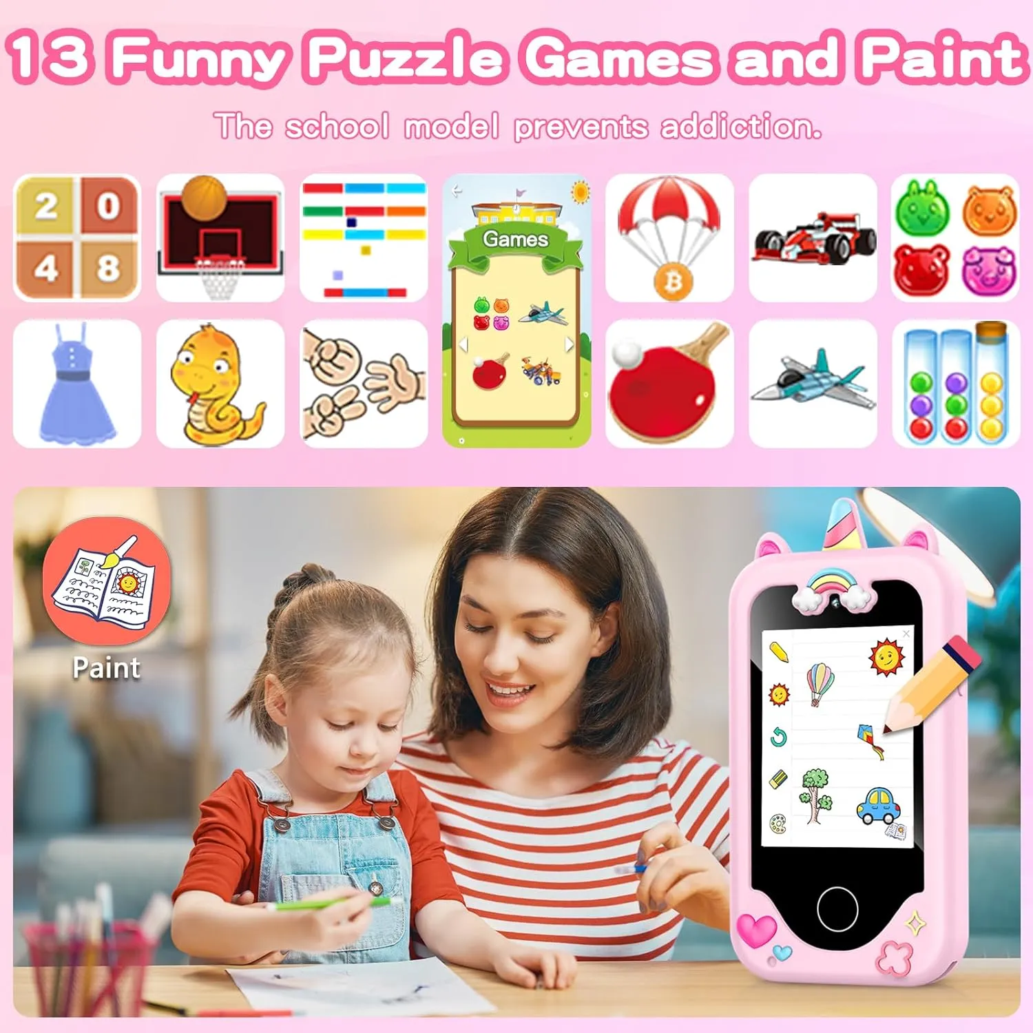 ASIUR Kids Smart Phone for Girls Toddler Birthday for Boys 3 4 5 6 7 8 Years Old Pretend Play Working Cell Smartphone Learning Toys with Educational Games, MP3 Music Player(Pink)