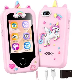 ASIUR Kids Smart Phone for Girls Toddler Birthday for Boys 3 4 5 6 7 8 Years Old Pretend Play Working Cell Smartphone Learning Toys with Educational Games, MP3 Music Player(Pink)