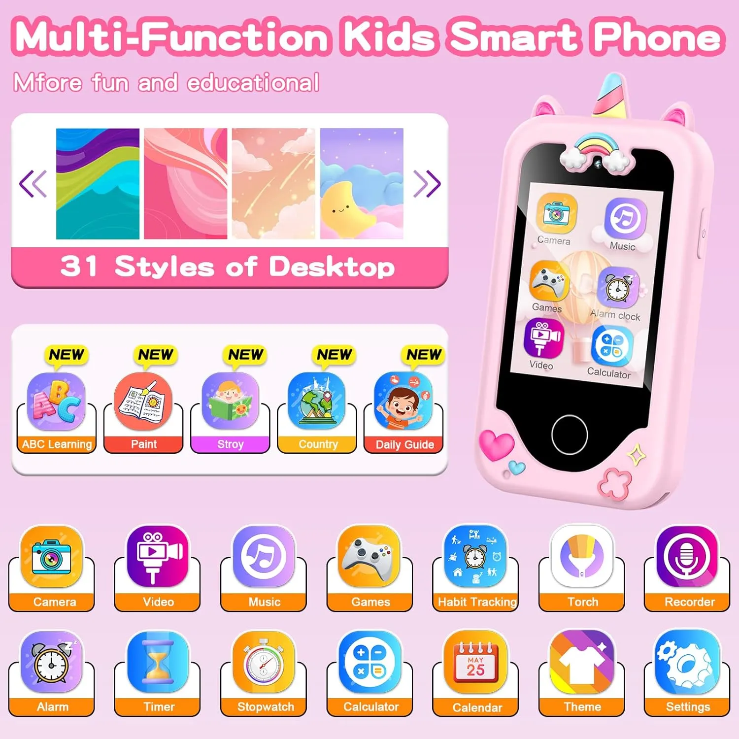 ASIUR Kids Smart Phone for Girls Toddler Birthday for Boys 3 4 5 6 7 8 Years Old Pretend Play Working Cell Smartphone Learning Toys with Educational Games, MP3 Music Player(Pink)