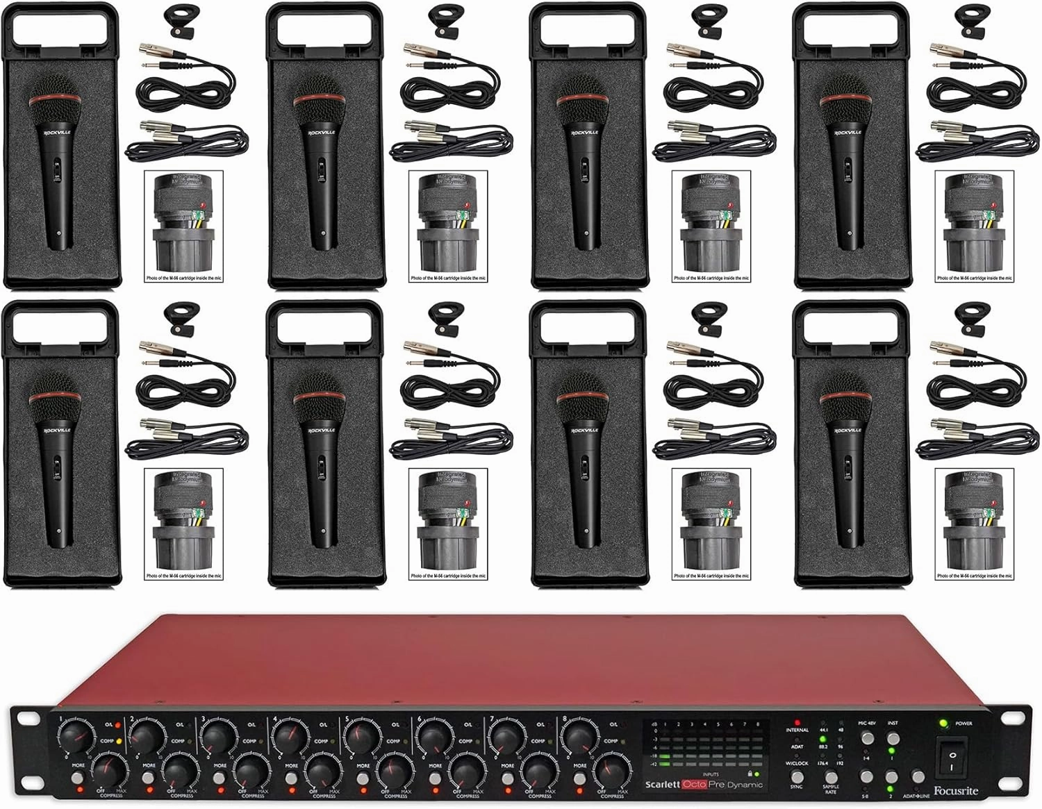 Audiosavings Bundle: Focusrite Scarlett OctoPre Dynamic Microphone Preamp ADAT 192 kHz Bundle with (8) Rockville RMIC-SR Handheld DJ Vocal Recording Wired Microphone Cables Mic Case (9 Items)