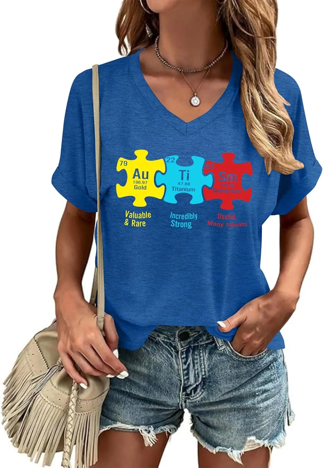 Autism Awareness Shirt for Women I Wear Blue Tshirt Autistic Mom T-Shirt Puzzle Piece Short Sleeve Tops