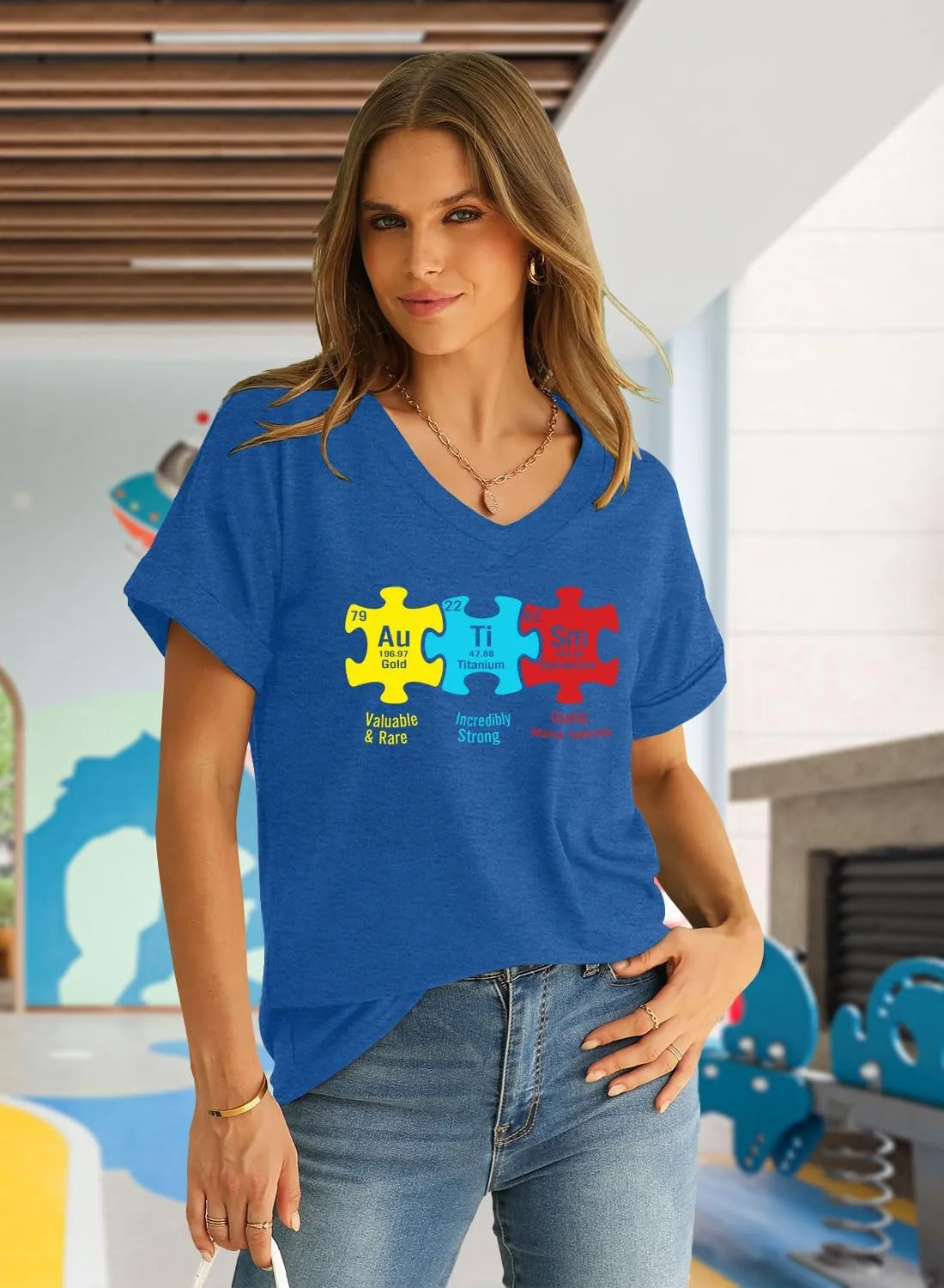 Autism Awareness Shirt for Women I Wear Blue Tshirt Autistic Mom T-Shirt Puzzle Piece Short Sleeve Tops