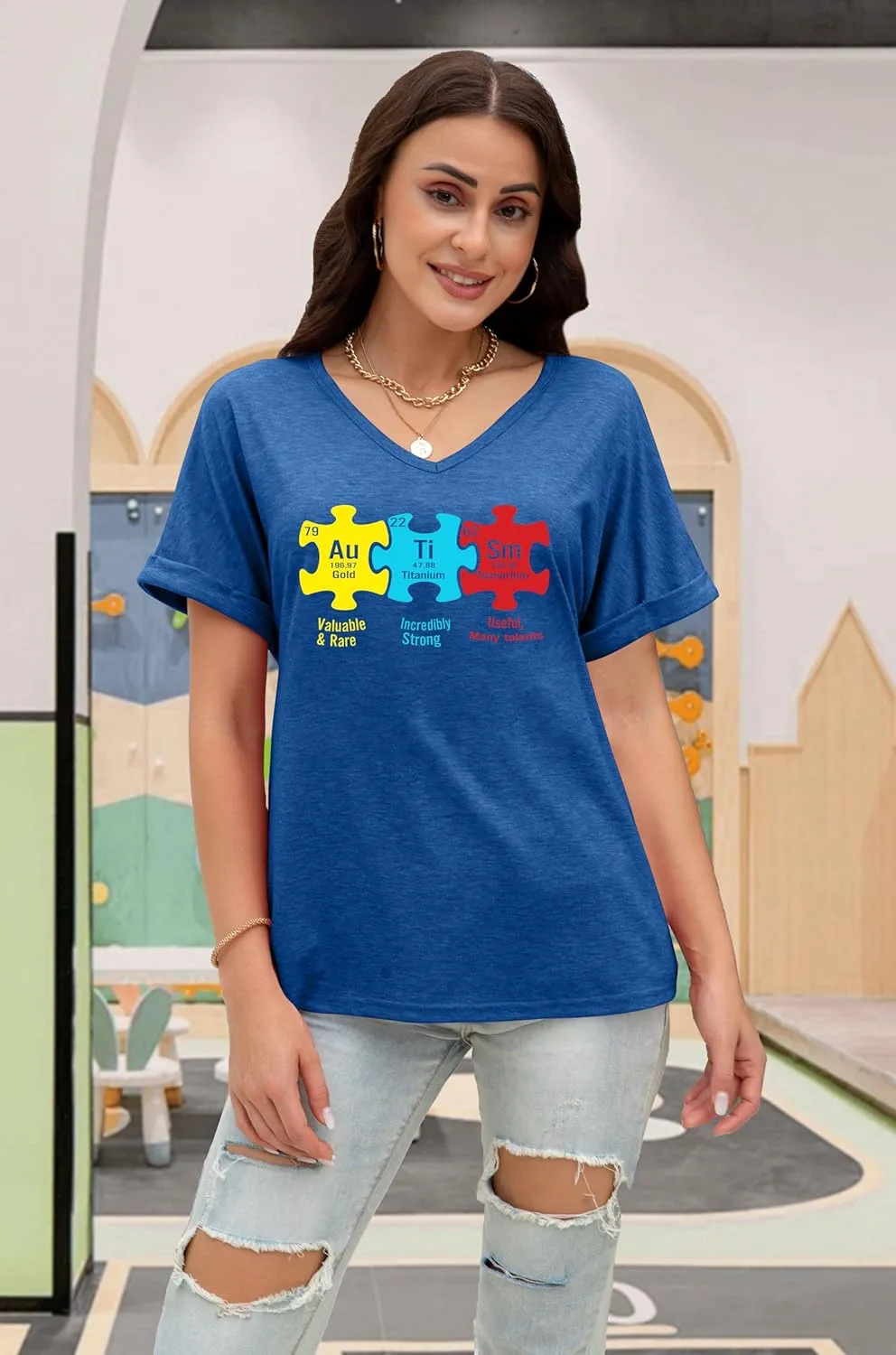 Autism Awareness Shirt for Women I Wear Blue Tshirt Autistic Mom T-Shirt Puzzle Piece Short Sleeve Tops