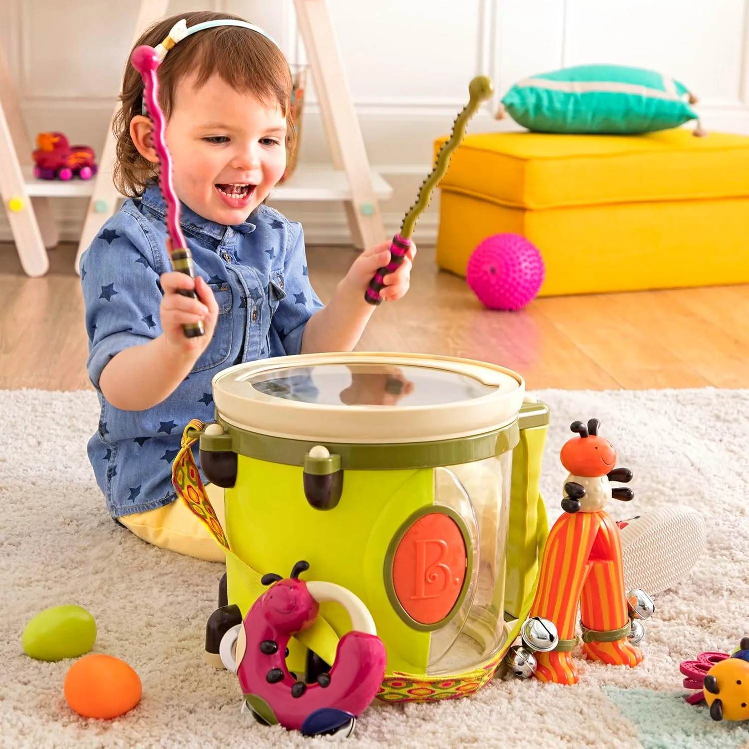 B. toys – Musical Instruments For Kids – Portable Drum Set – Percussion Toys For Toddlers – Jingle Bell, Tambourine, Maraca & More – 18 Months   – Parum Pum Pum