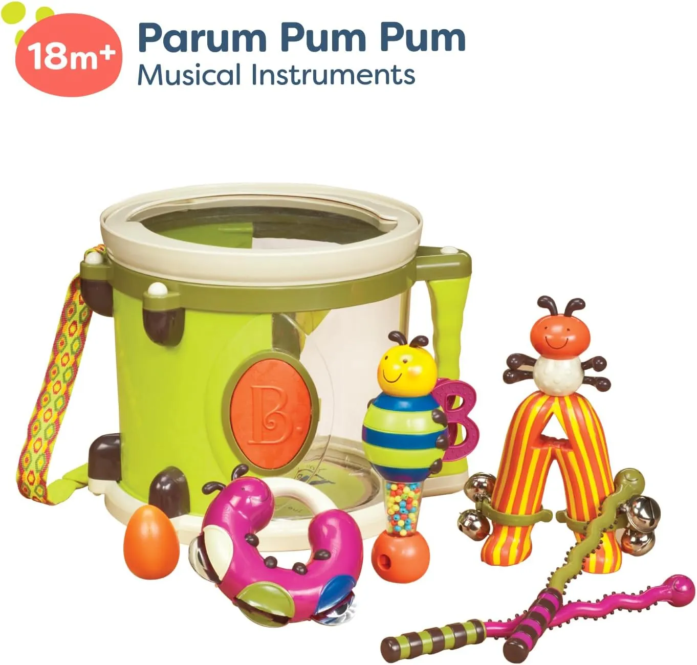 B. toys – Musical Instruments For Kids – Portable Drum Set – Percussion Toys For Toddlers – Jingle Bell, Tambourine, Maraca & More – 18 Months   – Parum Pum Pum