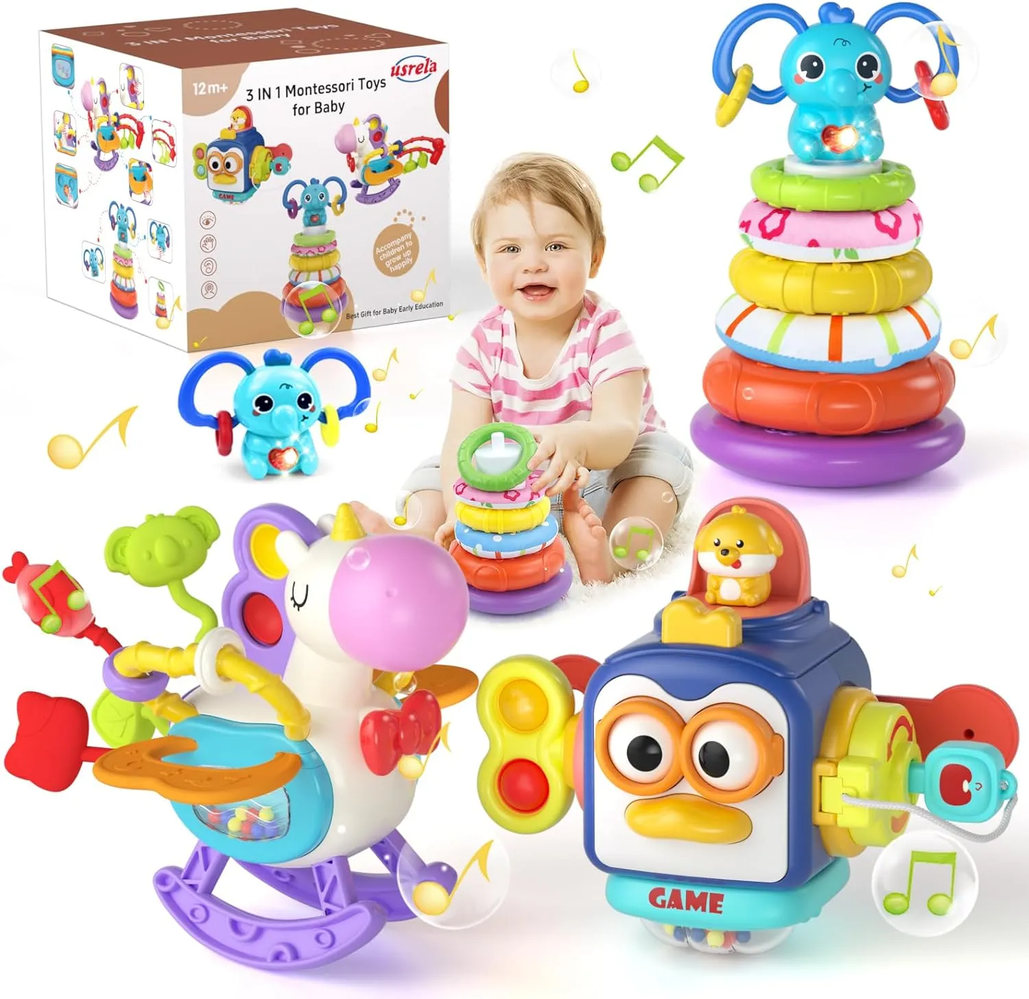 Baby Toys for 1  Year Old, Busy Board Sensory Toys for Toddlers 1-3, Baby Toys for 12-18 Months, Pull String Teether, Stacking Blocks, 3 in 1 Travel Toy Gifts for 1 2 3 Year Old Boy Girl