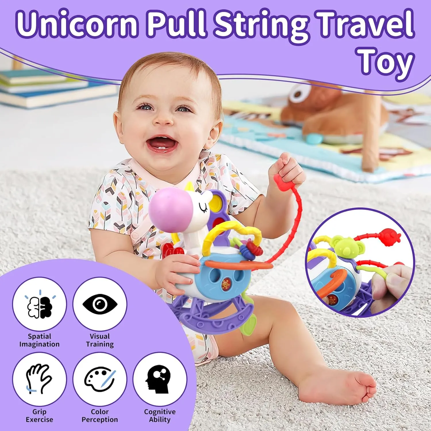 Baby Toys for 1  Year Old, Busy Board Sensory Toys for Toddlers 1-3, Baby Toys for 12-18 Months, Pull String Teether, Stacking Blocks, 3 in 1 Travel Toy Gifts for 1 2 3 Year Old Boy Girl