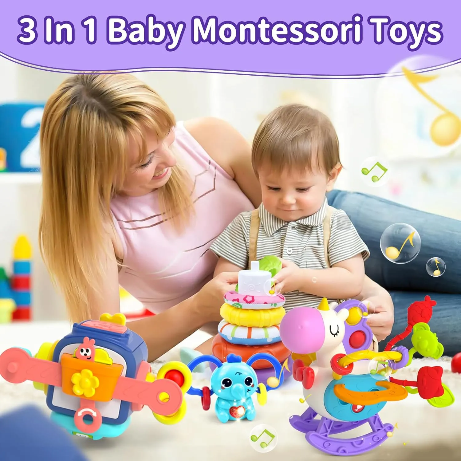 Baby Toys for 1  Year Old, Busy Board Sensory Toys for Toddlers 1-3, Baby Toys for 12-18 Months, Pull String Teether, Stacking Blocks, 3 in 1 Travel Toy Gifts for 1 2 3 Year Old Boy Girl