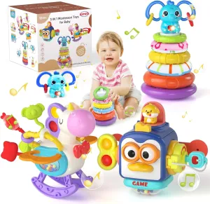 Baby Toys for 1  Year Old, Busy Board Sensory Toys for Toddlers 1-3, Baby Toys for 12-18 Months, Pull String Teether, Stacking Blocks, 3 in 1 Travel Toy Gifts for 1 2 3 Year Old Boy Girl