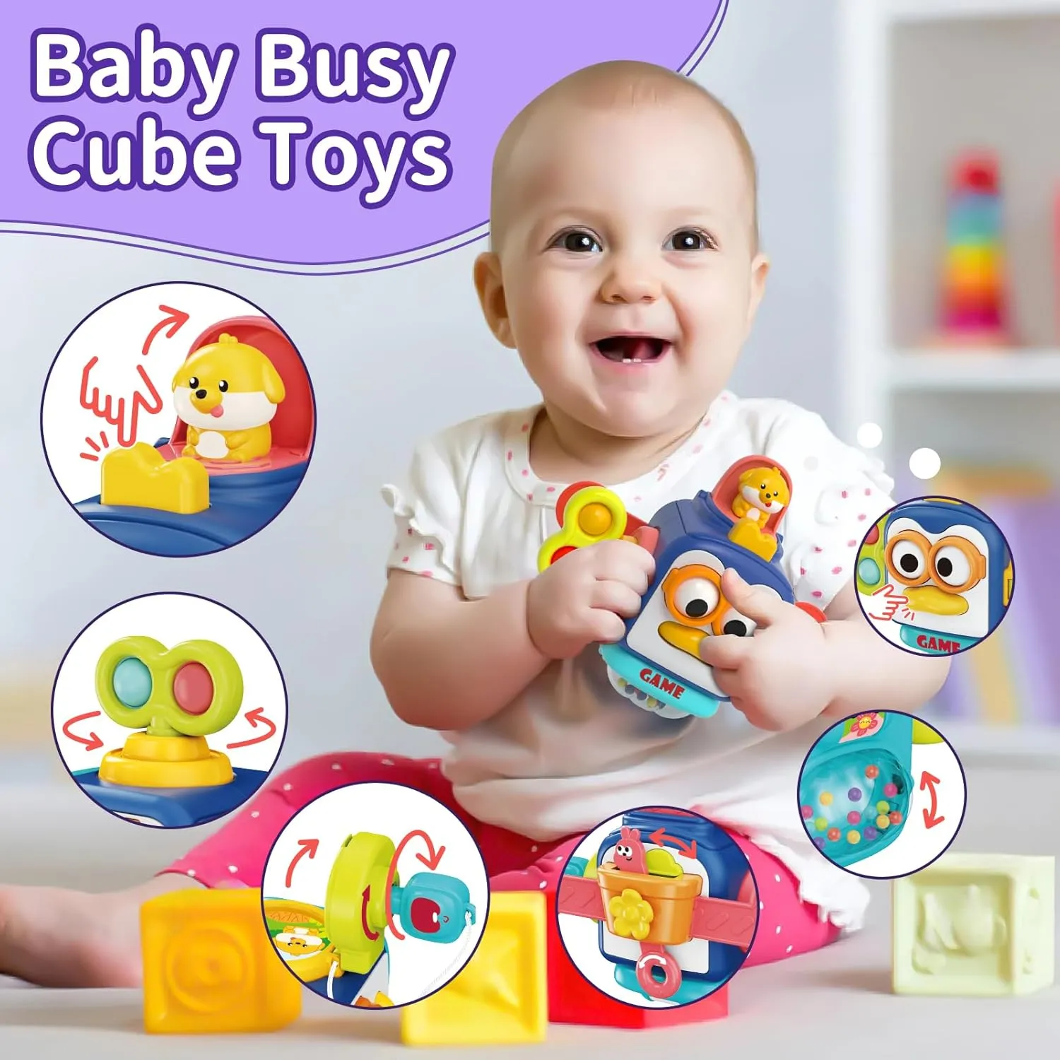 Baby Toys for 1  Year Old, Busy Board Sensory Toys for Toddlers 1-3, Baby Toys for 12-18 Months, Pull String Teether, Stacking Blocks, 3 in 1 Travel Toy Gifts for 1 2 3 Year Old Boy Girl