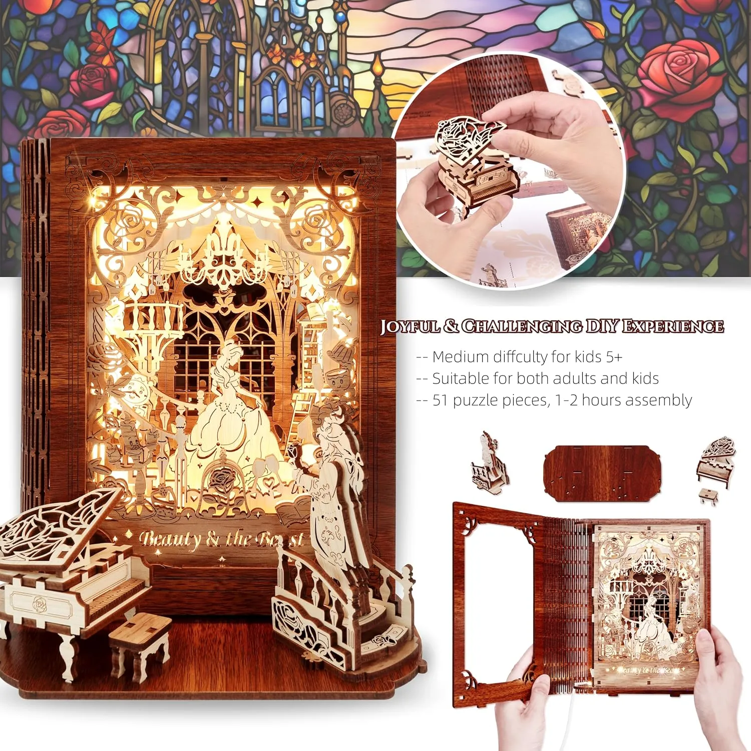 Beauty and The Beast 3D Puzzle Nightlight – LED 3D Puzzle Gifts – 3D Wood Puzzles Storybook Nightlight Home Décor for Kids and Adults