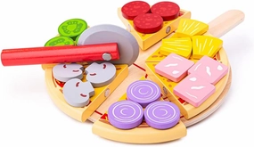 Bigjigs Toys Wooden Cutting Pizza with Wooden Toppings and Pizza Slicer - Play Food and Role Play for Kids