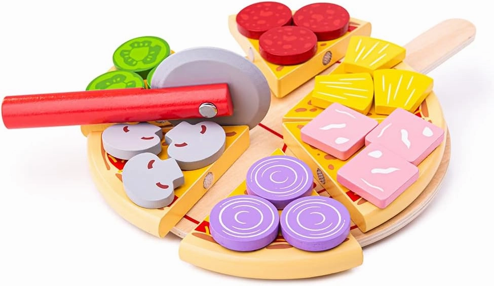 Bigjigs Toys Wooden Cutting Pizza with Wooden Toppings and Pizza Slicer - Play Food and Role Play for Kids