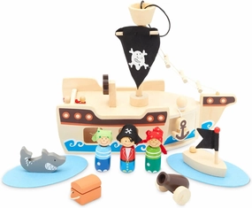 BLUE PANDA Wooden Pirate Ship Toy Playset for Kids with Shark Figurine, Boat & 11 Pieces - Pirate Toys for Age 3 and Above