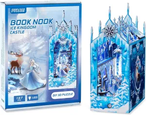 Book Nook Kit – Ice Kingdom Castle DIY Miniature BookNook House Kit with LED Lights, 3D Wooden Puzzle, Bookshelf Dollhouse Decor Gift for Adults Teens & Beginners, Creative Book Lovers Craft