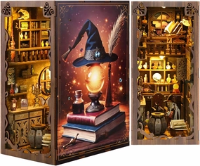 Book Nook Kit, 3D Wooden Puzzles for Adults DIY Miniature House Kit Dollhouse Booknook for Adults, Bookend Bookshelf Insert Decor Craft Model Build Set with LED Light Gift for Book Lover -Magic Night