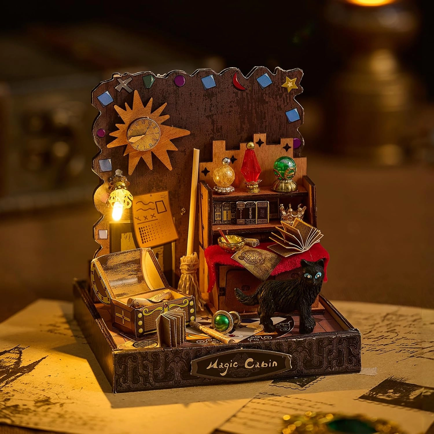 Book Nook Kit for Teens, 3D Puzzles for Adults Bookshelf Decor, Wooden Booknook with Sensor Light, DIY Kits for Adults Crafts, Christmas Birthday Gifts for Him (Mini Magic Cabin)