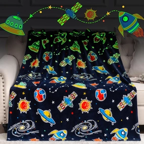 Boulou Glow in The Dark Galaxy Space Blanket Gifts for Boys Girls, Star Planet and Solar System Decor for Adult Kids, Birthday Spaceship Toys Gift for Age 3 4 5 6 7 8 9 10 Year Old for Mothers Day