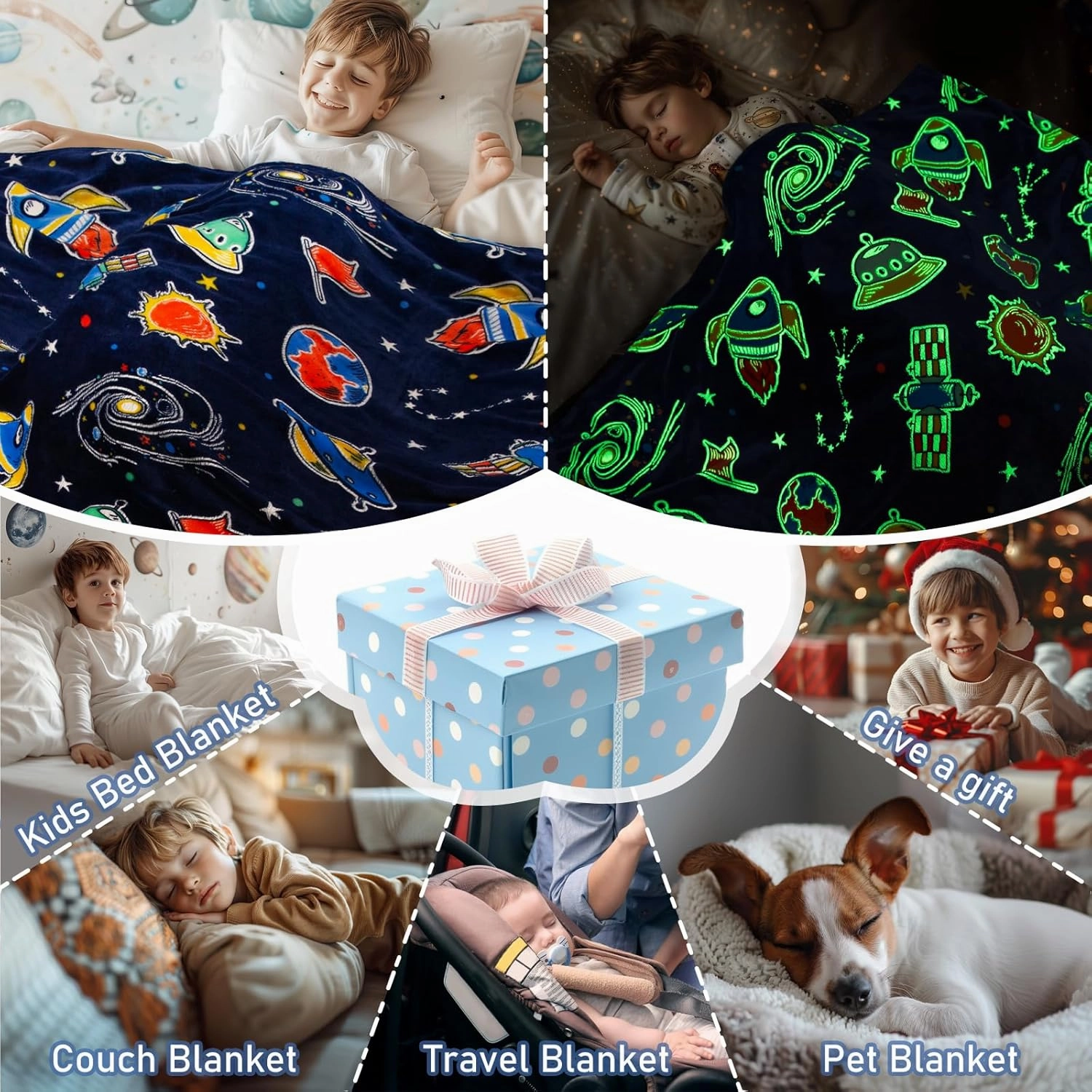 Boulou Glow in The Dark Galaxy Space Blanket Gifts for Boys Girls, Star Planet and Solar System Decor for Adult Kids, Birthday Spaceship Toys Gift for Age 3 4 5 6 7 8 9 10 Year Old for Mothers Day