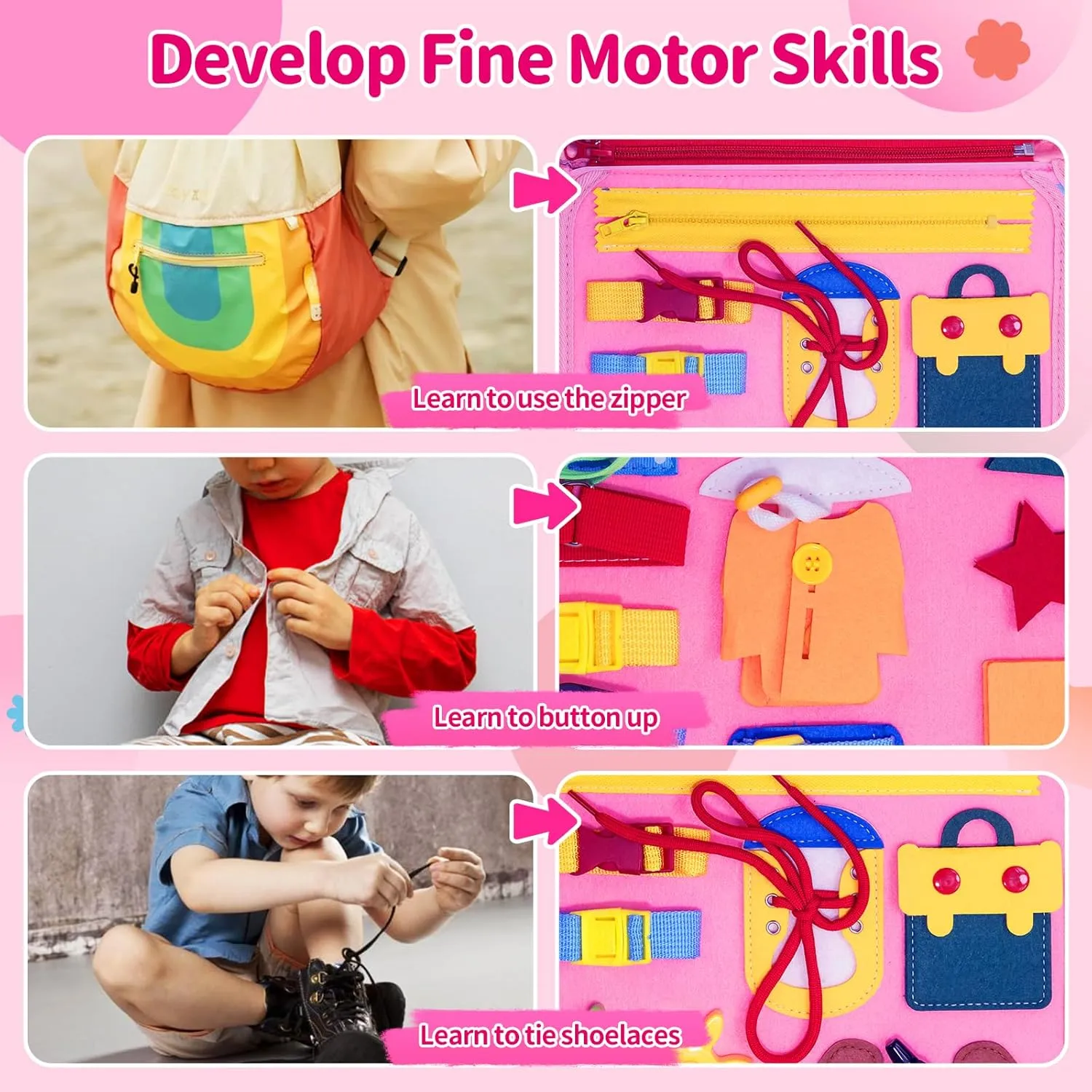 Busy Board Montessori Toys for 1 2 3 4 Year Old Toddlers -Travel Toy for Plane Car, Birthday Gift for Boys Girls - Preschool Educational Learning Activity Sensory Fine Motor Skills (Pink)