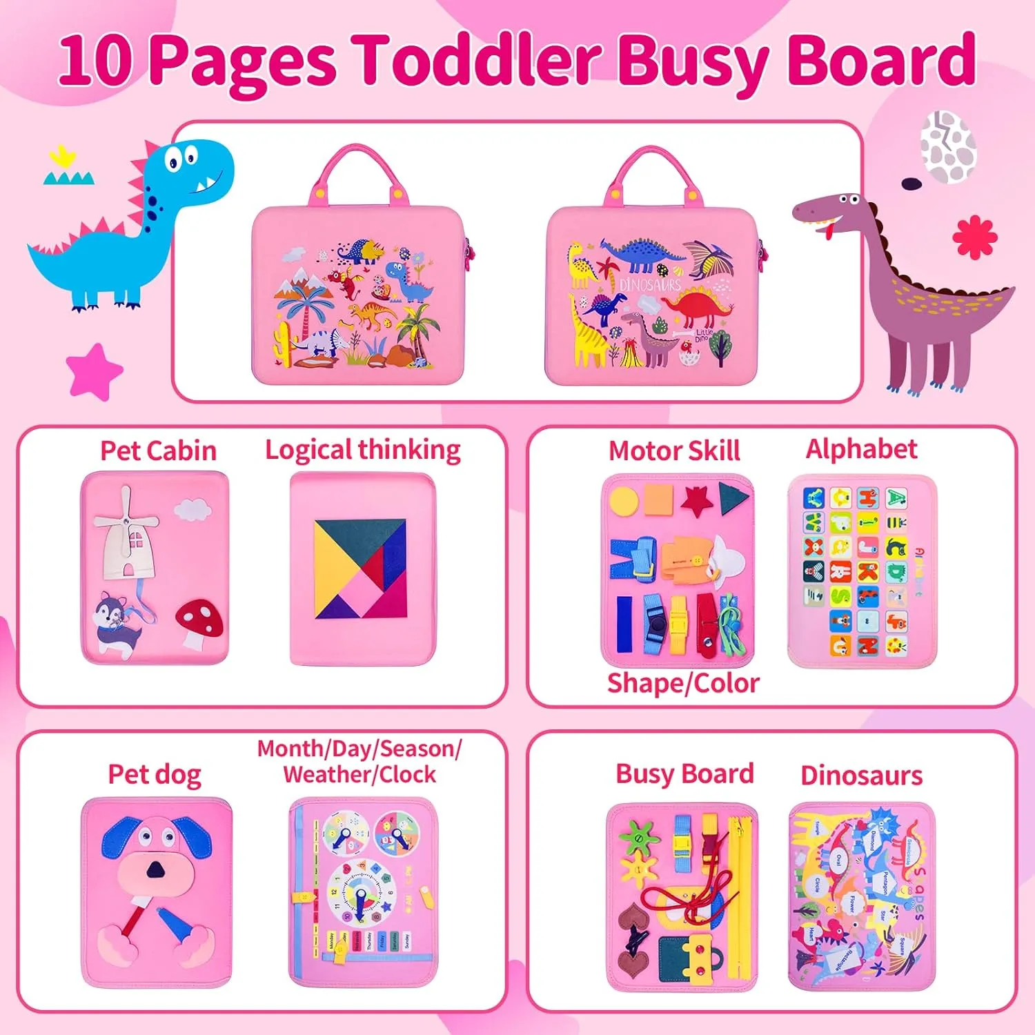 Busy Board Montessori Toys for 1 2 3 4 Year Old Toddlers -Travel Toy for Plane Car, Birthday Gift for Boys Girls - Preschool Educational Learning Activity Sensory Fine Motor Skills (Pink)
