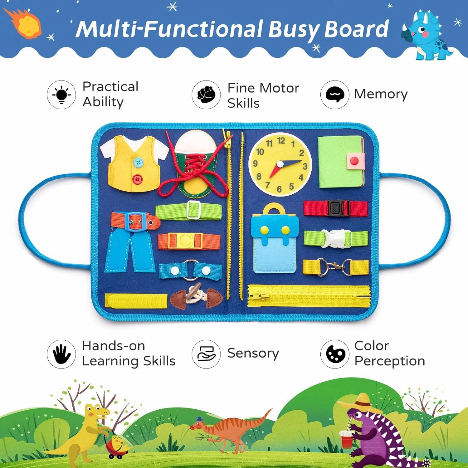 Busy Board Sensory Toys for Toddlers 1 2 3 4, Toddler Travel Activities Educational Toys, Montessori Toys for 2 3 4 Year Old Boys Girls Gift, Dinosaur