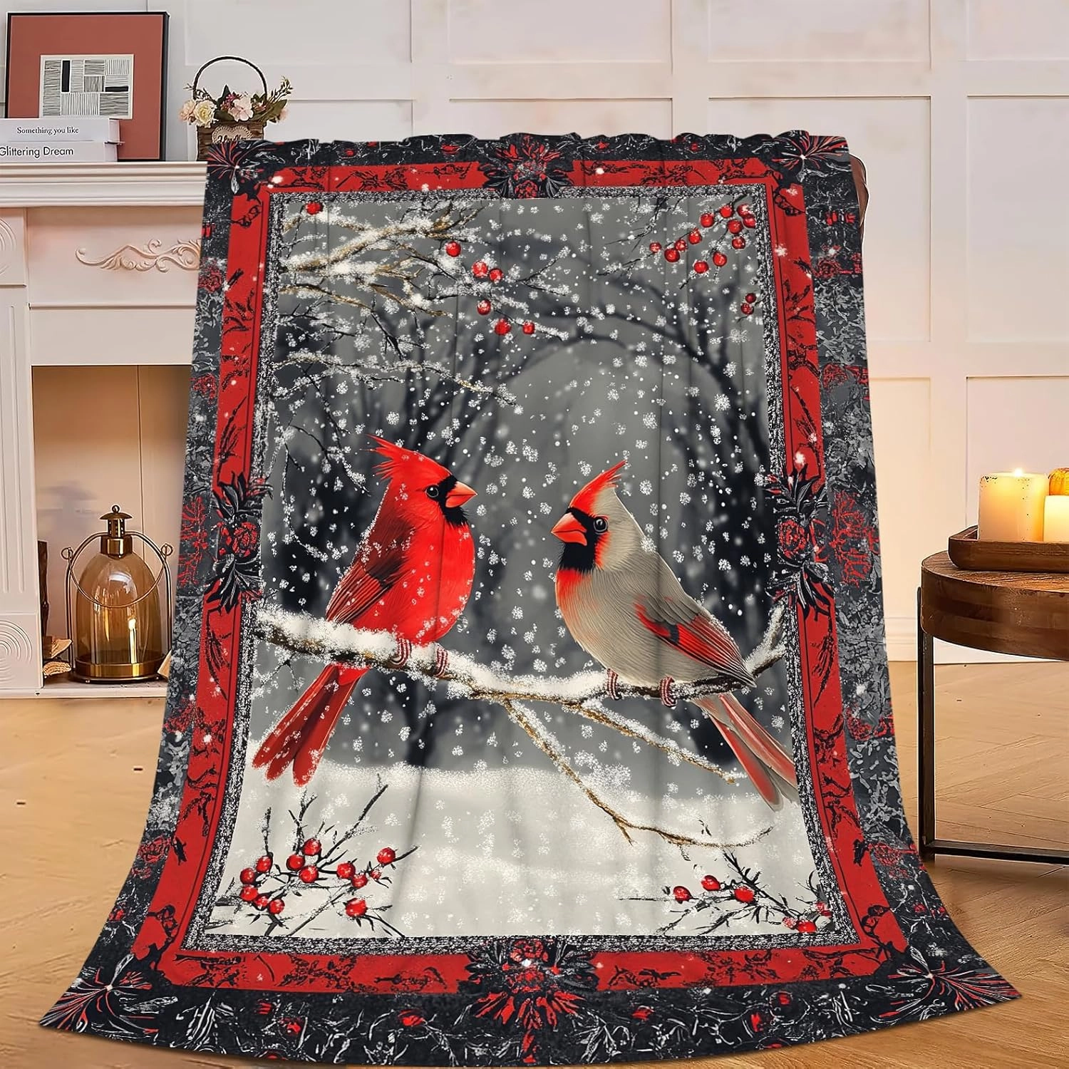 Cardinal Blanket Red Berry Fleece Throw Blanket Super Soft Warm Cozy Fuzzy Plush Bird Blanket Gifts for Girls Boys Kids Room Christmas Decor 40"X50"