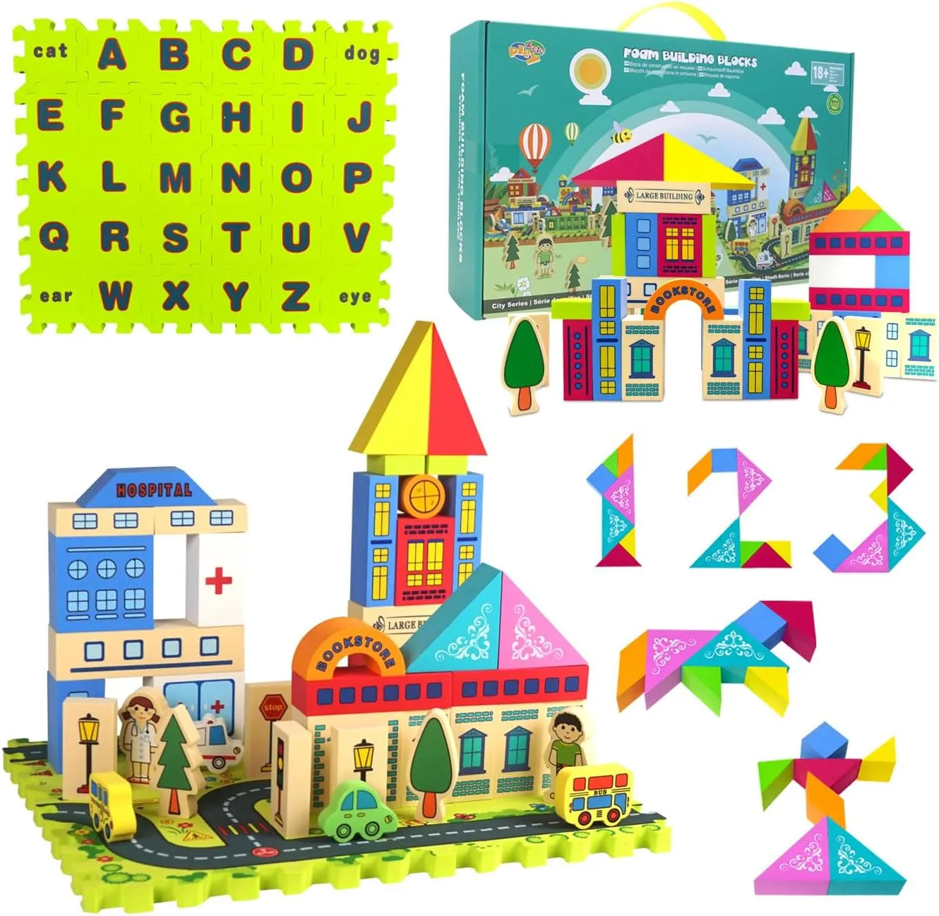 City Street View Foam Building Blocks Set for 2-4 Years Old, Town Construction Soft Stacking Blocks with Alphabet Letters Puzzle Playmat, Educational Learning Gifts for Kids 18  Months