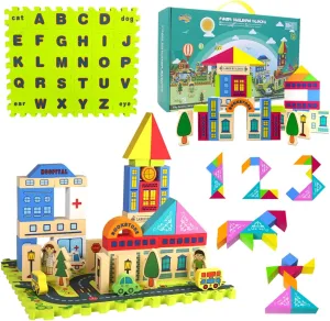 City Street View Foam Building Blocks Set for 2-4 Years Old, Town Construction Soft Stacking Blocks with Alphabet Letters Puzzle Playmat, Educational Learning Gifts for Kids 18  Months