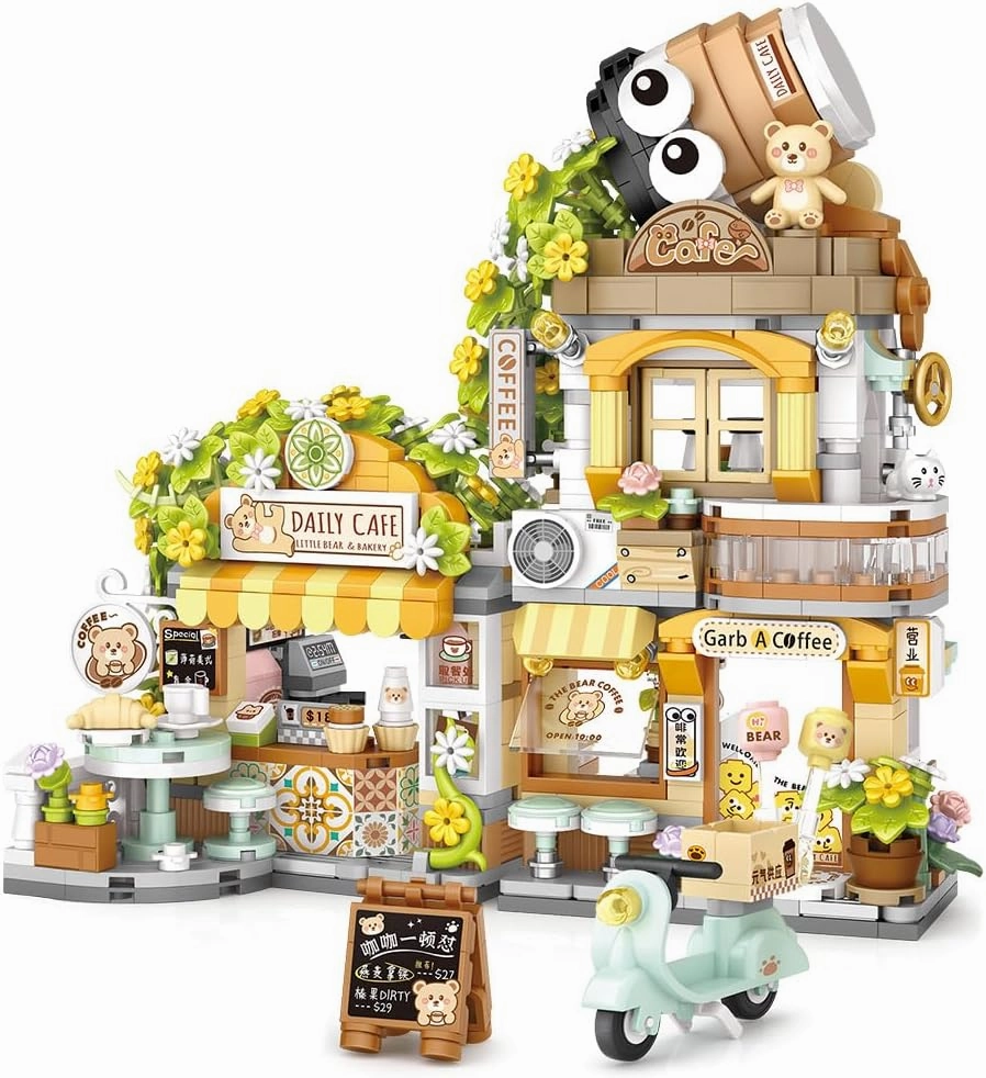 City Cafe Building Blocks Toys, Openable Coffee Shop Building Set for Boys Girls Age 8 ,1077pcs Mini Bricks (Green)