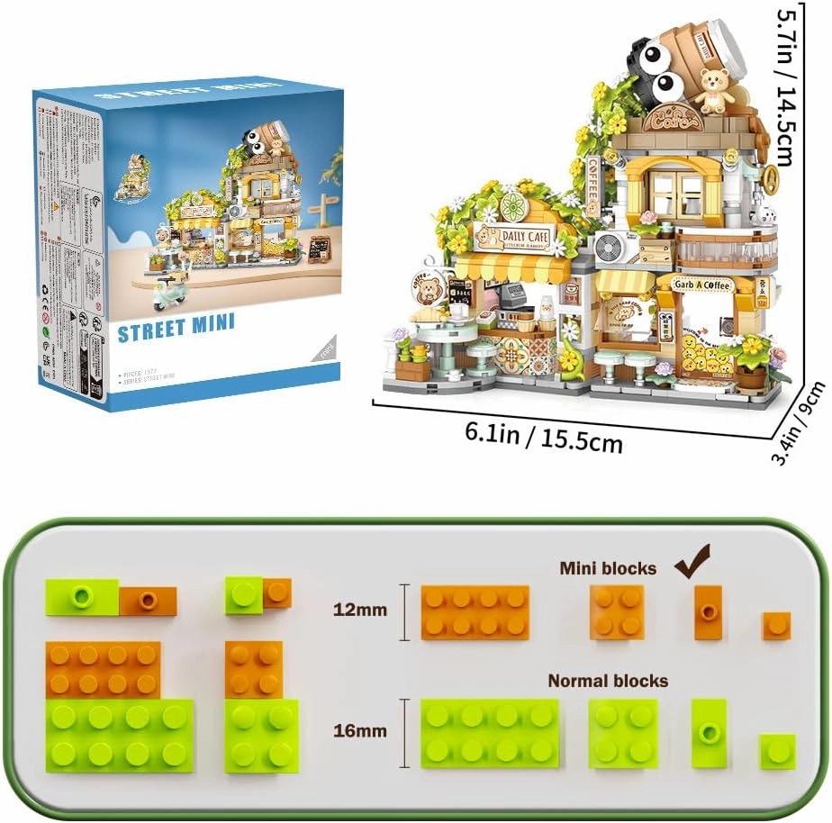 City Cafe Building Blocks Toys, Openable Coffee Shop Building Set for Boys Girls Age 8 ,1077pcs Mini Bricks (Green)