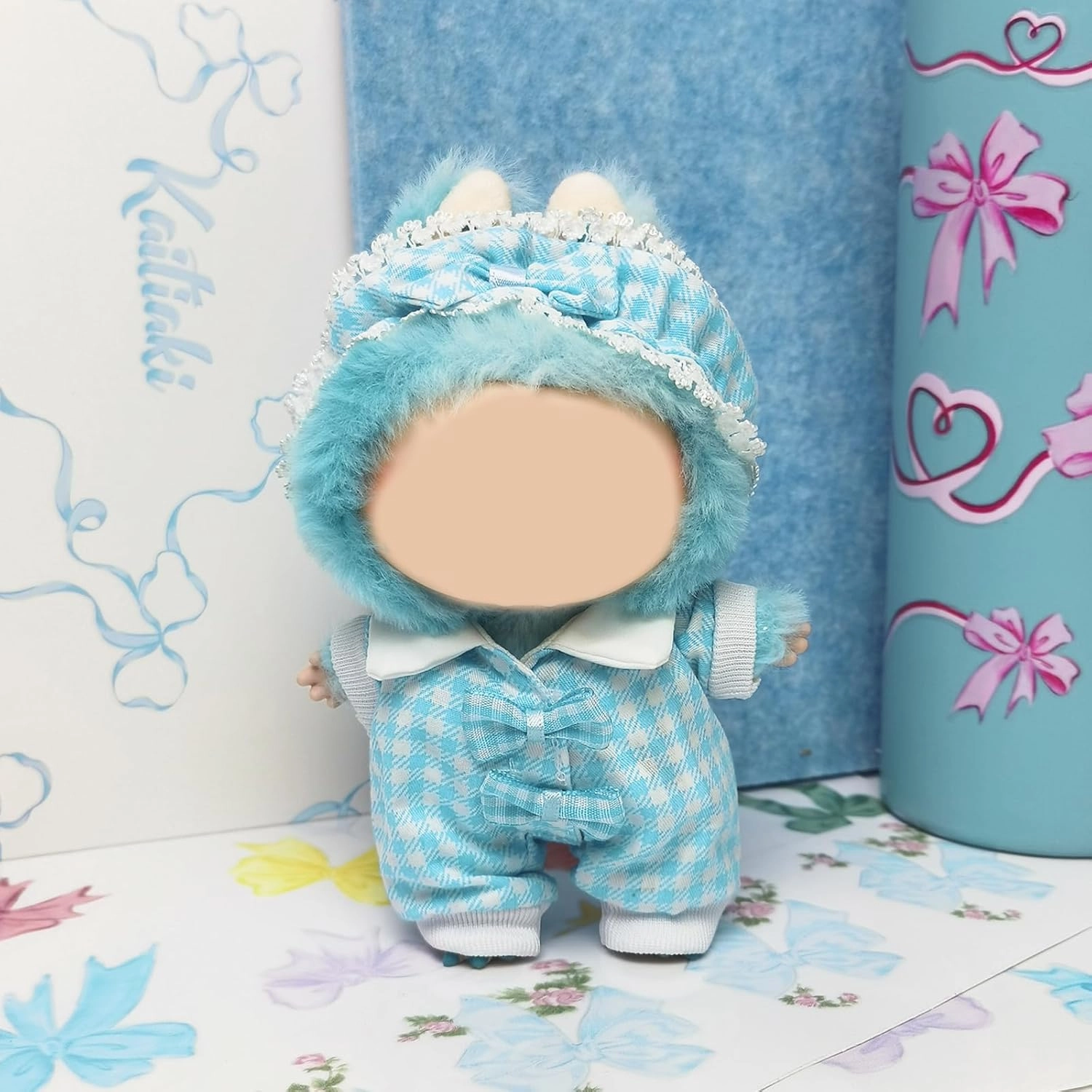 Clothes Compatible with Labubu Doll, Labubu Outfit Set - Blue Plaid Headband   Clothing for Labubu Dolls, Stylish Accessories Set for 17cm Labubu Doll, No Doll(Blueberry Bunny Nap)