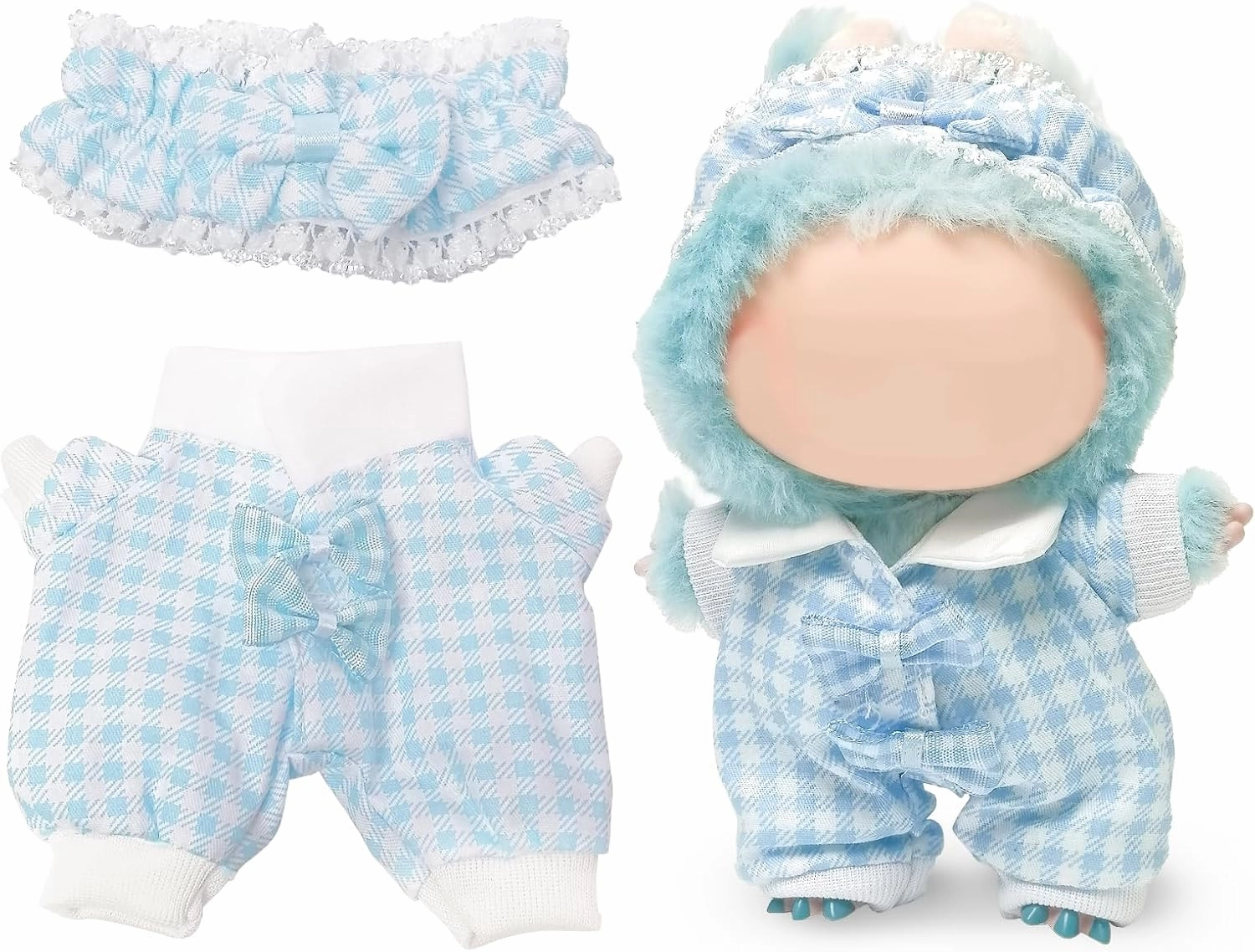 Clothes Compatible with Labubu Doll, Labubu Outfit Set - Blue Plaid Headband   Clothing for Labubu Dolls, Stylish Accessories Set for 17cm Labubu Doll, No Doll(Blueberry Bunny Nap)