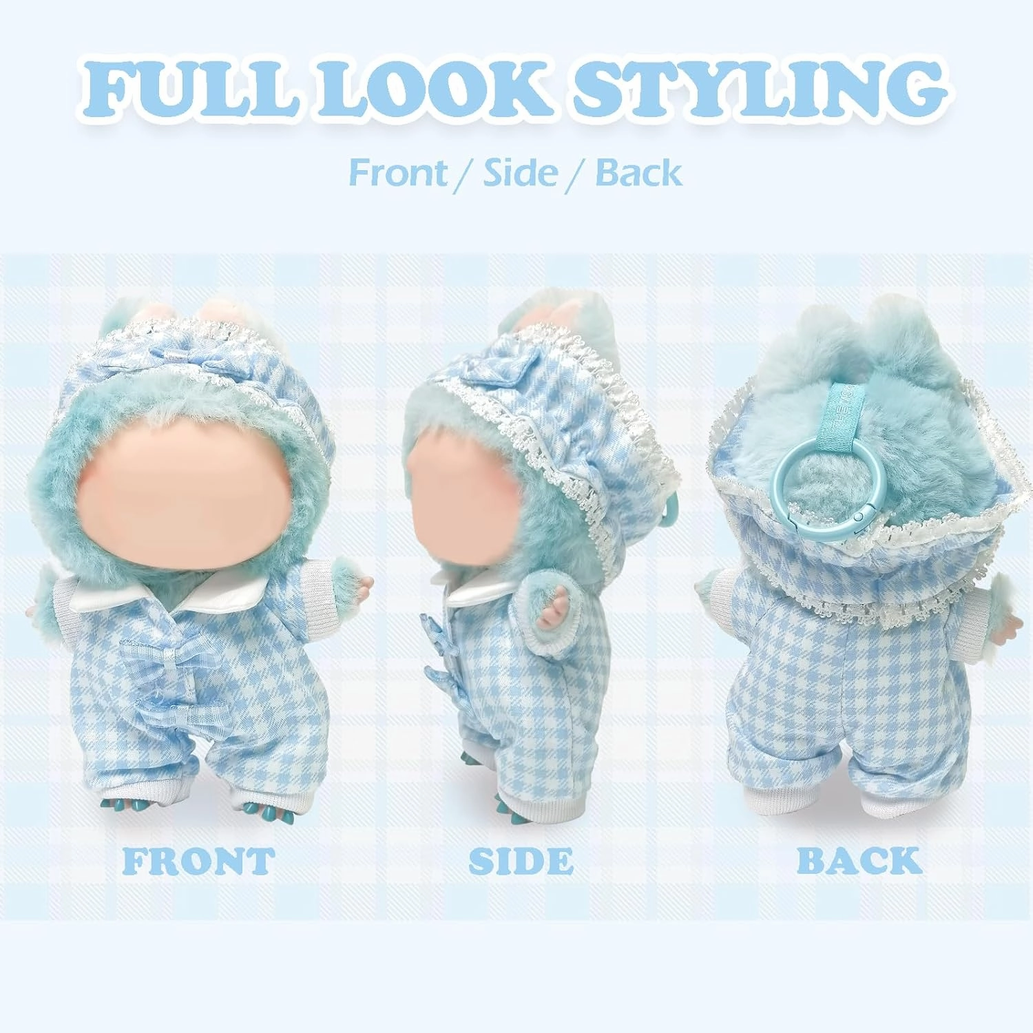 Clothes Compatible with Labubu Doll, Labubu Outfit Set - Blue Plaid Headband   Clothing for Labubu Dolls, Stylish Accessories Set for 17cm Labubu Doll, No Doll(Blueberry Bunny Nap)