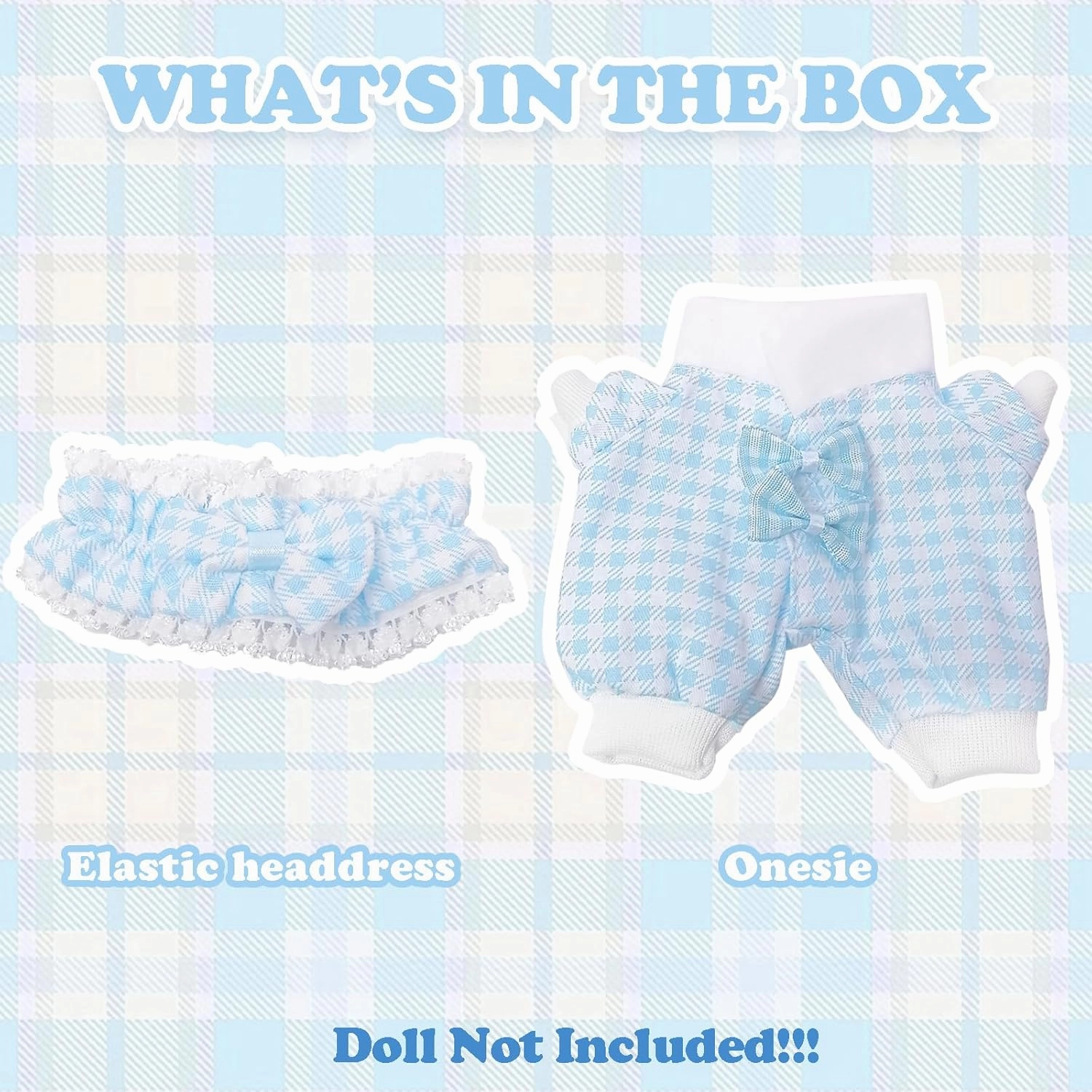 Clothes Compatible with Labubu Doll, Labubu Outfit Set - Blue Plaid Headband   Clothing for Labubu Dolls, Stylish Accessories Set for 17cm Labubu Doll, No Doll(Blueberry Bunny Nap)