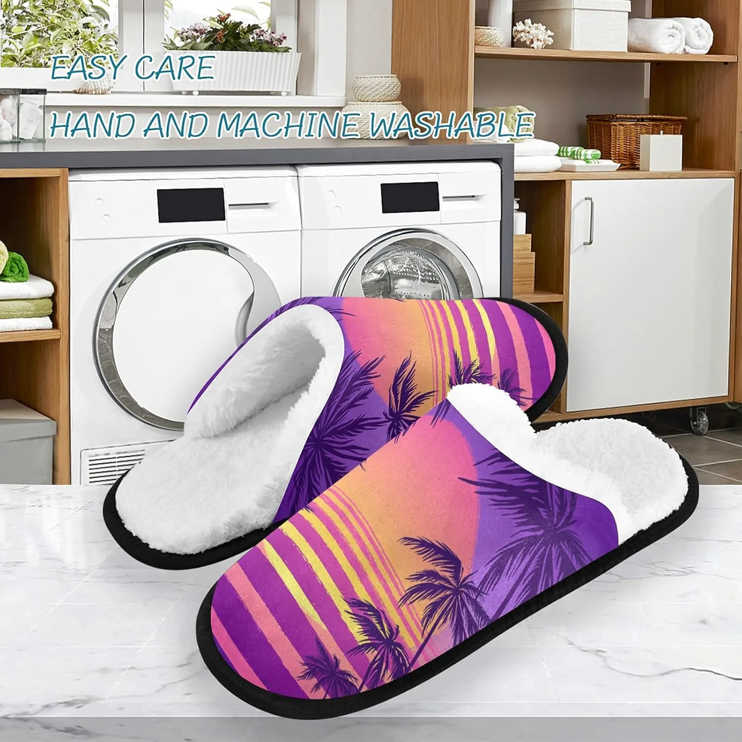 Coconut Tree Sunset Print Slippers for Women Mens Winter Warm Memory Foam Cotton Home Slippers Soft Plush Fleece Slip on House Slippers for Girls Indoor Outdoor Shoes