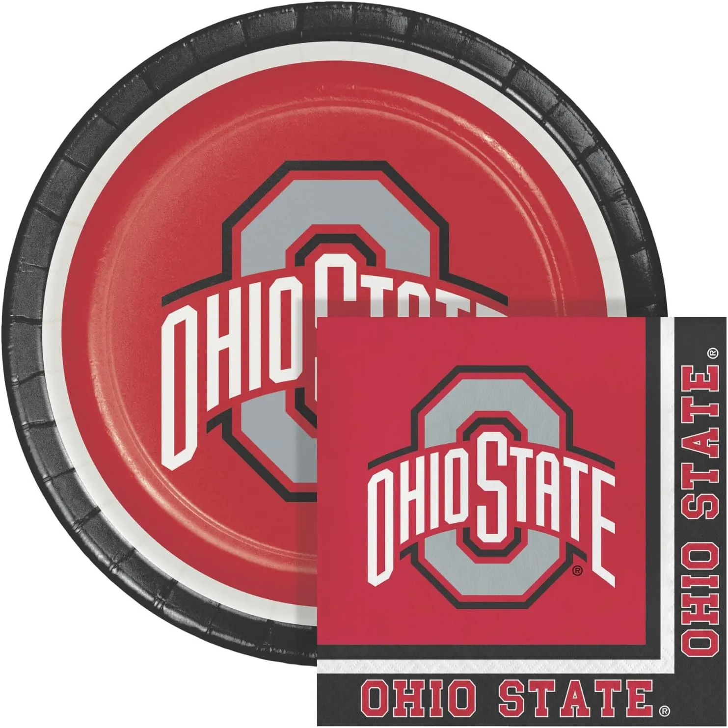 Collegiate Party Pack Officially Licensed Plates, Napkins, & 6' x 30" Tablecover, Bundle for 16 People -Table Not Included- (Ohio State University, Buckeyes)