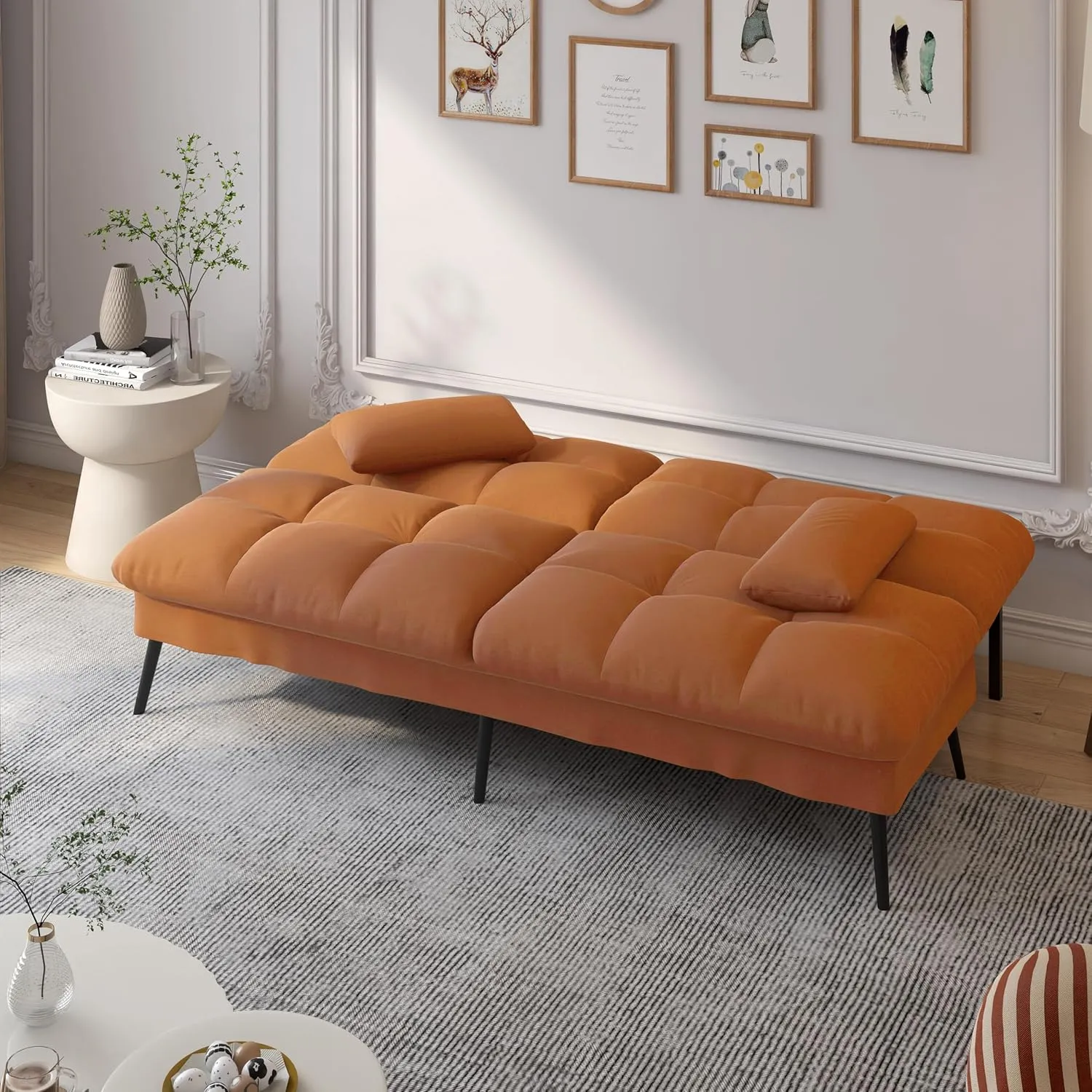 COMHOMA Convertible Futon Sofa Bed, 68″Fabric Futon Couch with Adjustable Backrest, Folding Futon Sleeper Recliner for Living Room Furniture (Orange)