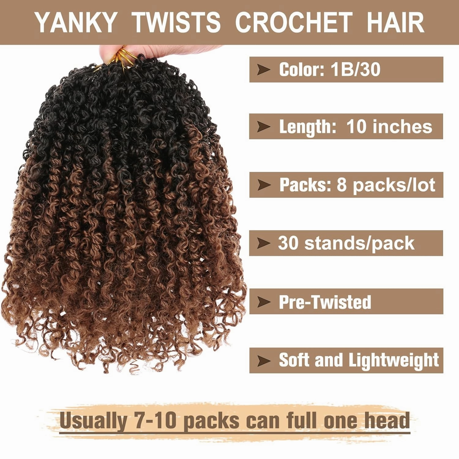 COOKOO 8 Packs Pre Looped Ombre Brown Yanky Twist Crochet hair 30 Strands/PCS 10 Inch Pre Twisted Mini Yanky Twists Hair for Women Fluffy Crochet Curly Spring Twist Hair with Curly Ends 1B/30#