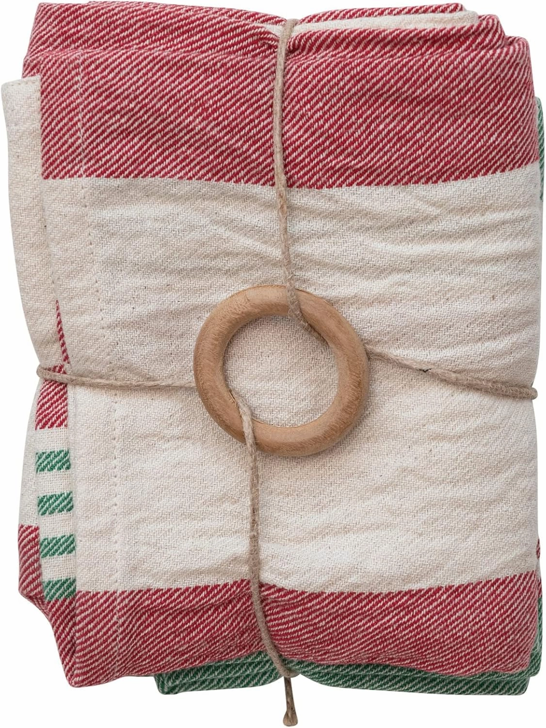 Creative Co-Op 28' L x 18' W Cotton Printed Tea Towels w/Stripes & Jute & Wood Bead Tie, Multi Color, Set of 2