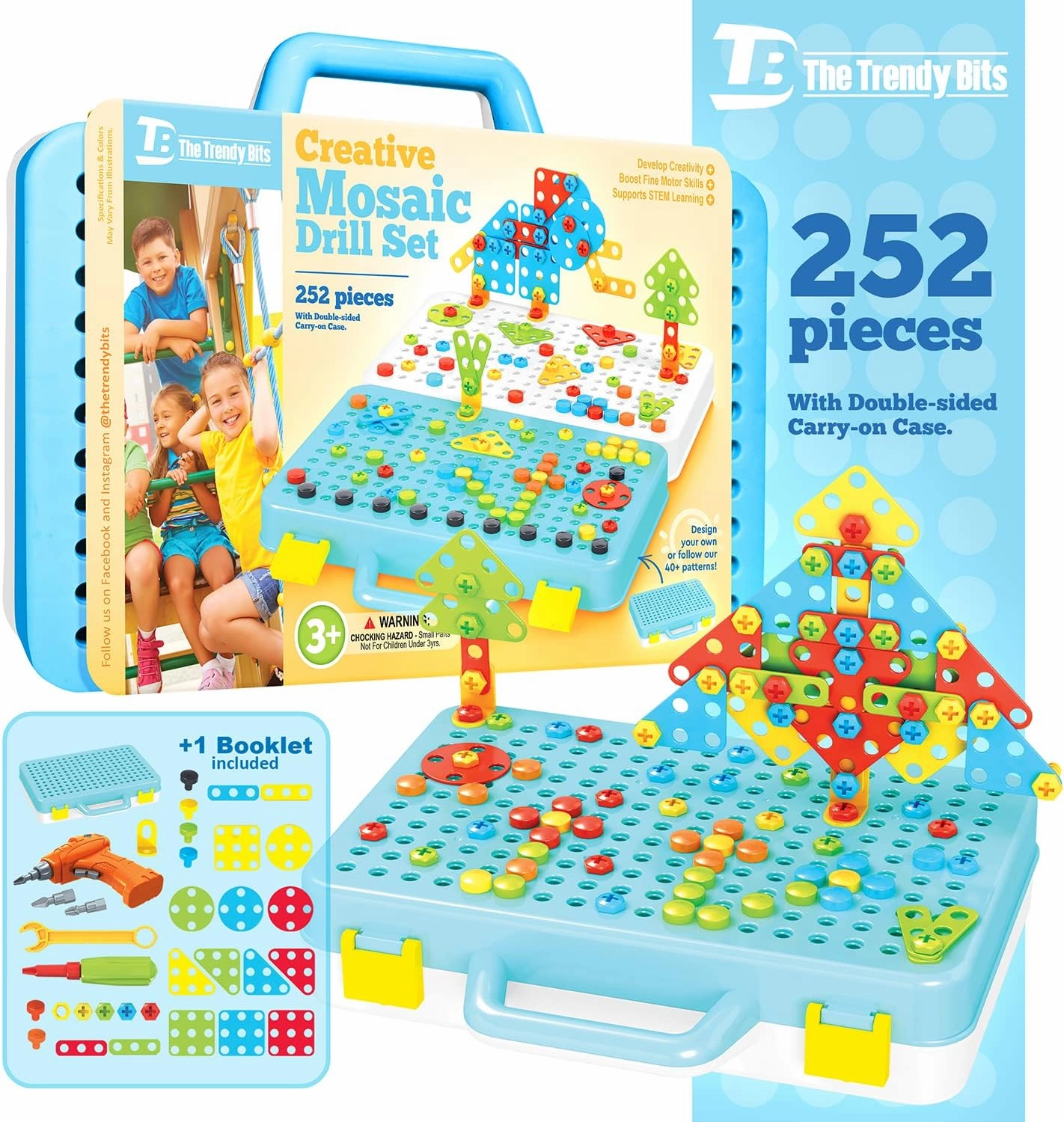 Creative Mosaic Drill Set - 252 Pcs | 3D STEM Building Toys for Kids Aged 3  | Engineering, Construction & Learning Toy Sets | Includes Screwdriver, Wrench, Electric Drill, Bolts