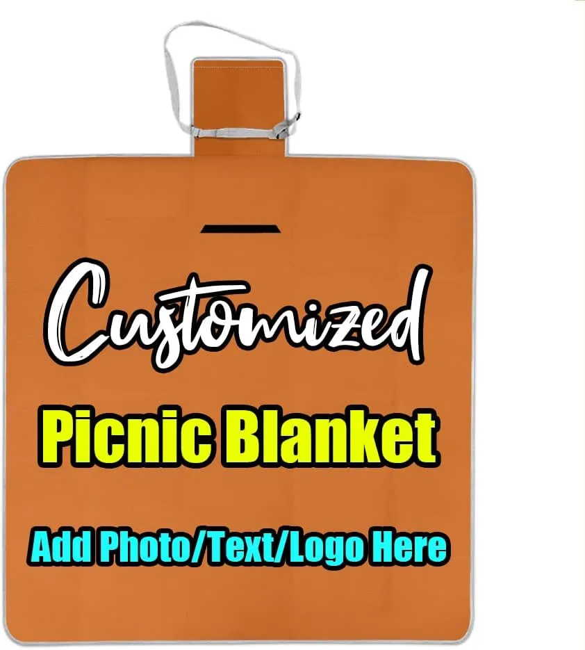 Custom Picnic Blankets with Your Photo Text Name, Personalized Large Sandproof Foldable Beach Blanket, Customzied Outdoor Mat for Spring Summer Camping Travel Chocolate 58.3 x 58.3 inch