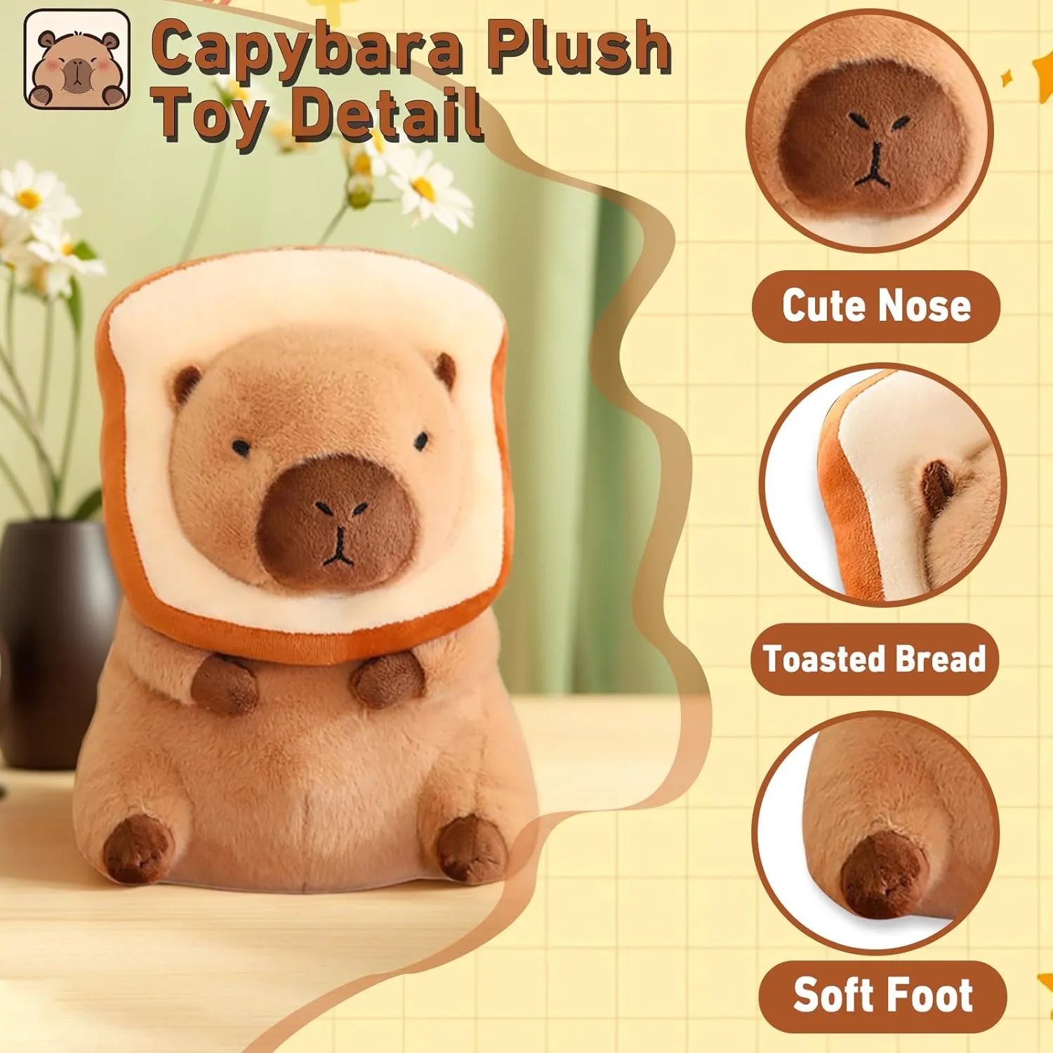 Cute Capybara Plush Soft Capybara Stuffed Animal with Bread Kawaii Capybara Doll Pillow Capybara Plushie Gifts for Kids Boys Girls 12 inch