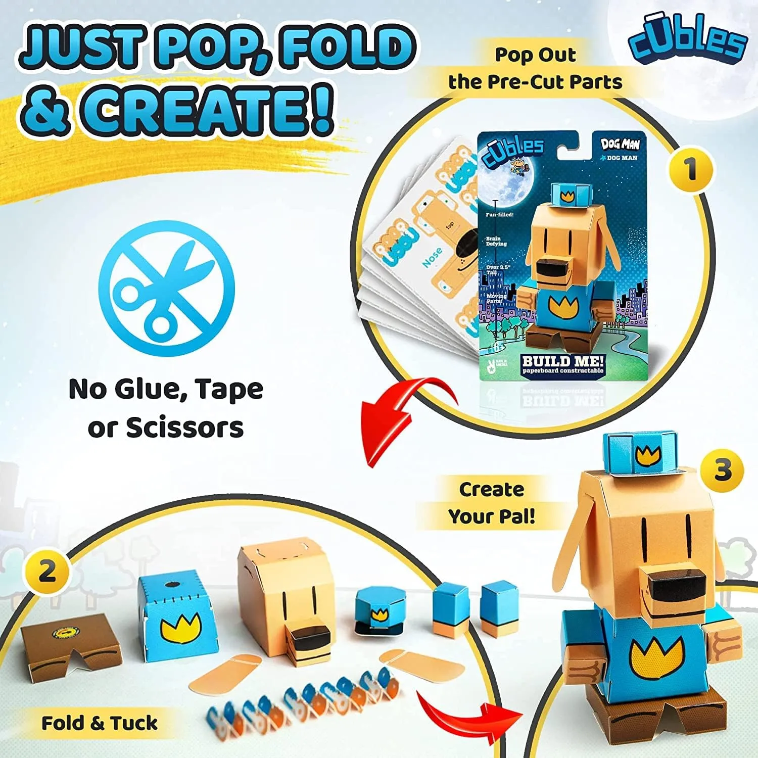 Dav Pilkey Dog Man Hero Gift Set Includes Officially Licensed Plush Book Characters, Cubles DogMan and Petey STEM Paper Craft Collectibles, and Flash Cards (Medium Dog Man Cuble Set)