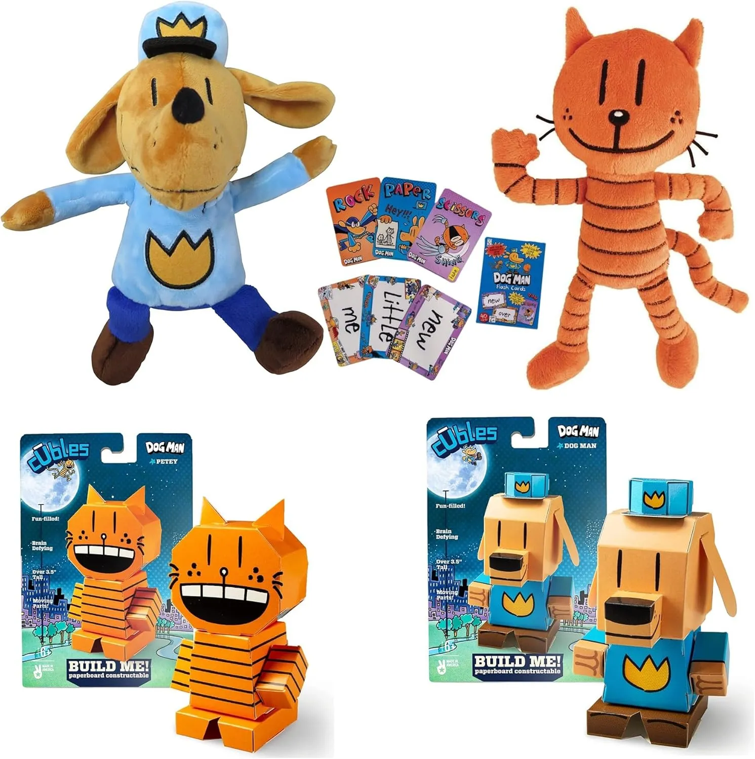 Dav Pilkey Dog Man Hero Gift Set Includes Officially Licensed Plush Book Characters, Cubles DogMan and Petey STEM Paper Craft Collectibles, and Flash Cards (Medium Dog Man Cuble Set)