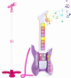 deAO Kids Guitar and Microphone Set with Stand Adjustable Height Music Light Karaoke Music Toys Christmas Birthday Gift for Kids Boys Girls (Purple)