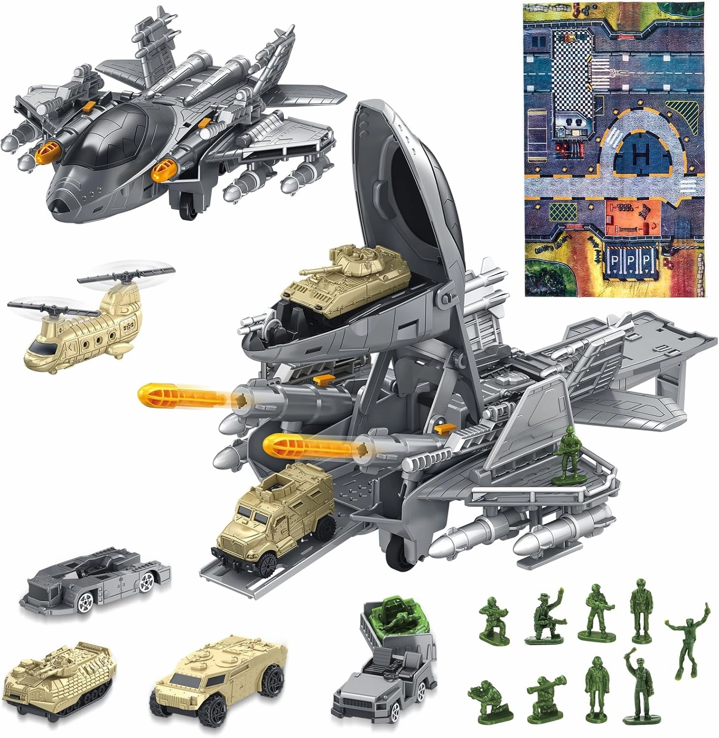 deAO Military Toy Set, Airplane,Army Toys for Boys, Army Fighter Jet with 8 Vehicles, 10 Soldier Army Men Action Figures,Tanks,Great Gift for 3-6 Boys